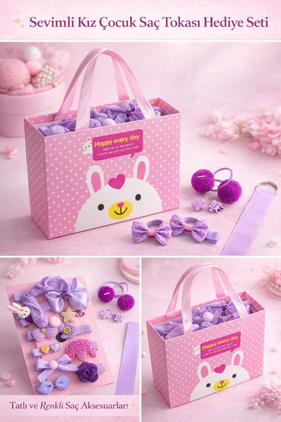 LİNALP Kız Çocuk Saç Tokası Seti 18 Parça Mor Lila Çantalı Hediye Kutulu Saç ...