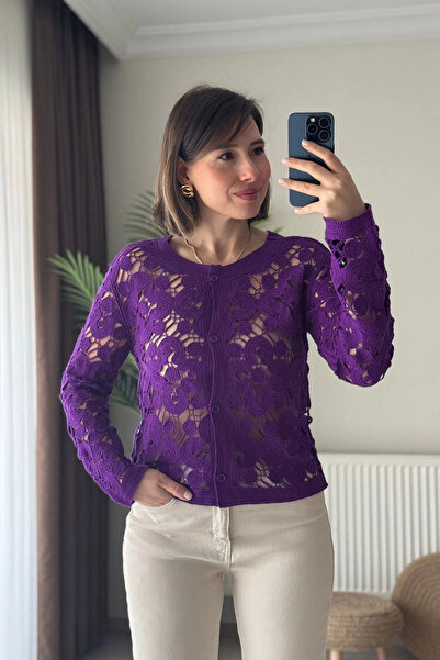 Kubos Moda Crew Neck Buttoned Purple Lace Cardigan
