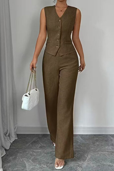 Modayakamoz New Season Women's Strappy Button-Front Blouse and Pants Linen Tw...