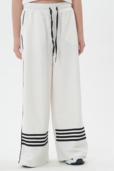 HayKids Girl's White Wide-Leg Black Stripe Detailed Palazzo Sweatpants