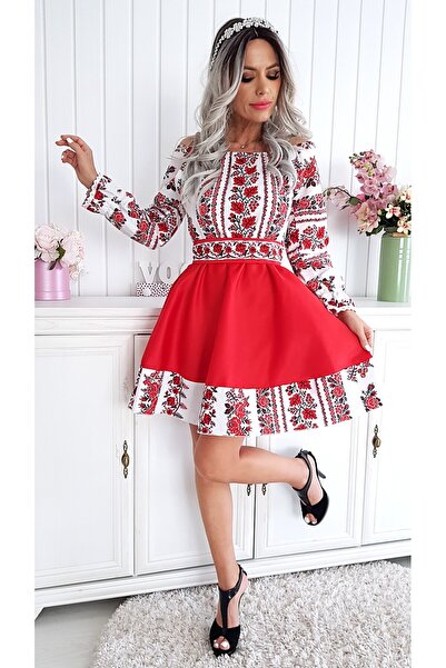 Voguesta Short Dress with Traditional Motifs Aiana Red