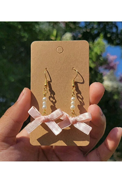 Shiklik Gold Color Earrings with Pink Ribbon and Pearl Detail