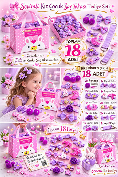LİNALP Kız Çocuk Saç Tokası Seti 18 Parça Mor Lila Çantalı Hediye Kutulu Saç ...