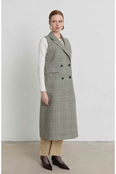 Fatma Atasoy Ekose Kazayağı Haki Maksi Yelek