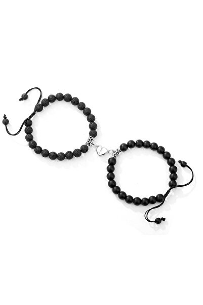 EFAYN.RO Couple bracelet set with magnetic heart, semi-precious, black, adjus...