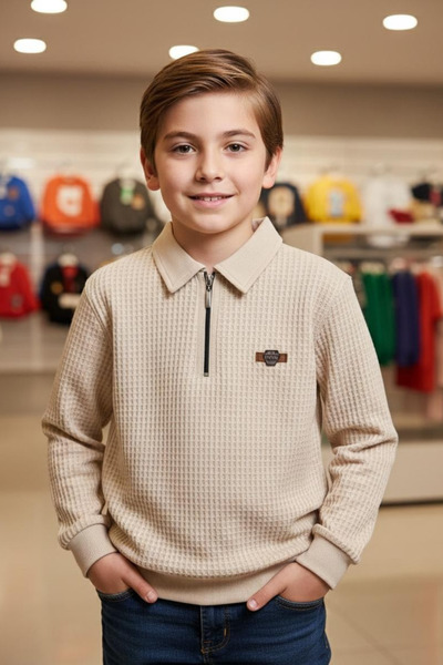 Pafim Erkek Çocuk Polo Yakalı Fermuarlı Sweat, Petek Desenli Sweat 7-14 Yaş