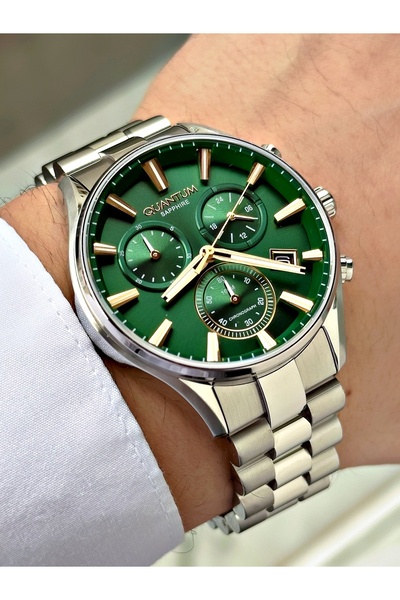 Quantum Functional Silver-Green Color Sapphire Glass Steel Band Steel Case Me...