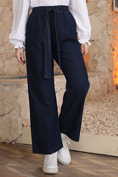 İmajButik Pantaloni din denim wide-leg albastru marin cu curea în talie