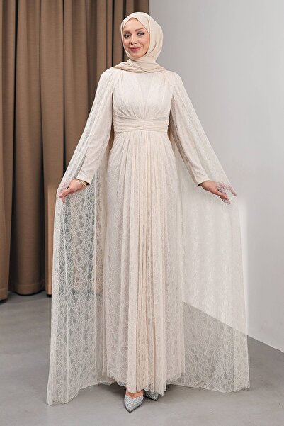 İmajButik Rochie de seară ghipură cu drapaj și pelerină bej la umeri