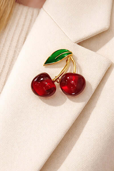 TAKIŞTIR Altın Renk Kiraz Figürlü Broş/ Yaka Broşu