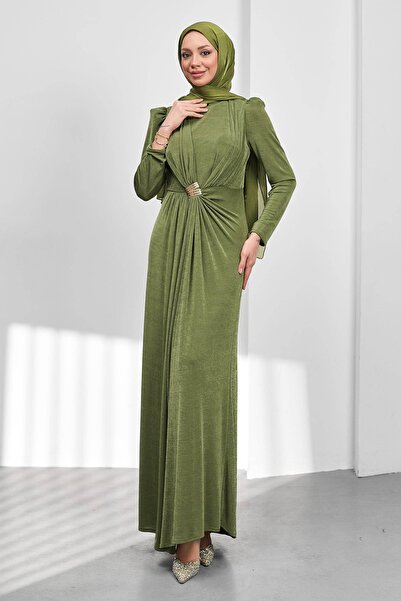 İmajButik Khaki Draped Front Buckled Evening Dress