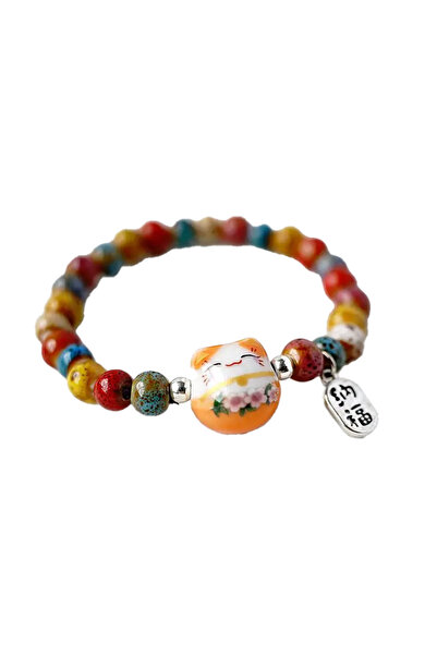 EFAYN.RO Bracelet, beaded pattern and cat, lucky cat theme, elastic, unisex, ...