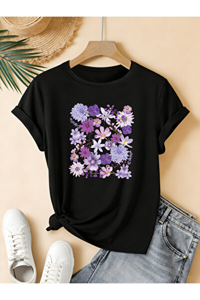 mercoledi Γυναικείο μπλουζάκι Flower με τύπωμα Crew Neck Regular Fit oversized