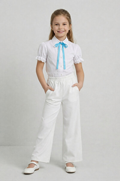 FATELLA بنطلون أبيض واسع الساقين مع فيونكة فيروزية للفتيات، مجموعة من دانتيل ...