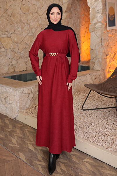 İmajButik Rochie lungă material reiat cu curea tip lanț roșu burgundă