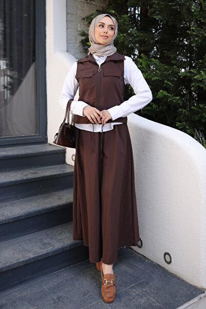 İmajButik Set triplu cămașă și fustă maro vestă