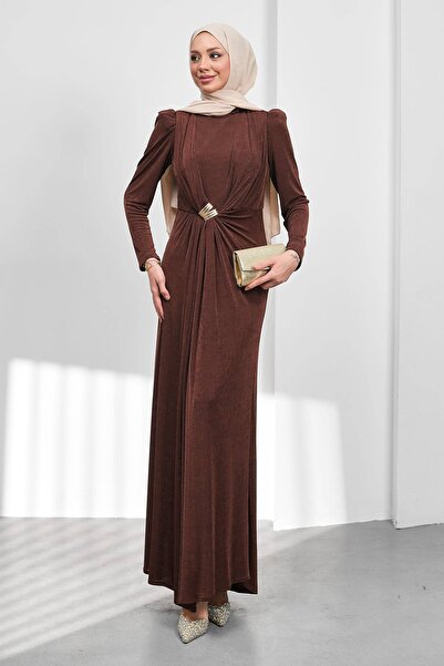 İmajButik Brown Draped Front Evening Dress Buckled