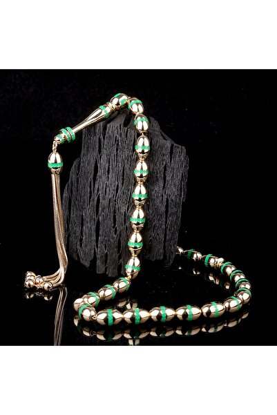 İskender Tesbih Yeşil Mine İşlemeli Altın Tesbih