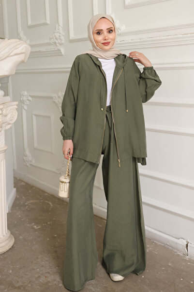İmajButik Khaki Hooded Wide-Leg Jacket and Pants Set