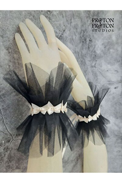 Shiklik 2Pcs Tulle Detail Fingerless Bridal Gloves Wristband Accessory with B...