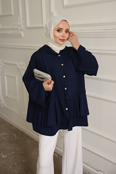 İmajButik Navy Blue Modal Tunic with Pleated Hem and Snap Fasteners