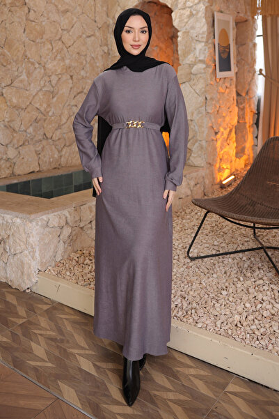 İmajButik Gray Chain Belted Corded Fabric Long Dress