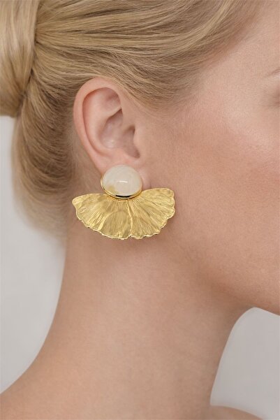 MatmazelLavinya White Natural Stone Textured Leaf Gold Earrings