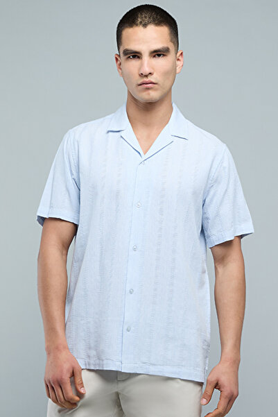 R&B Textured Shirt with Revere Collar and Short Sleeves