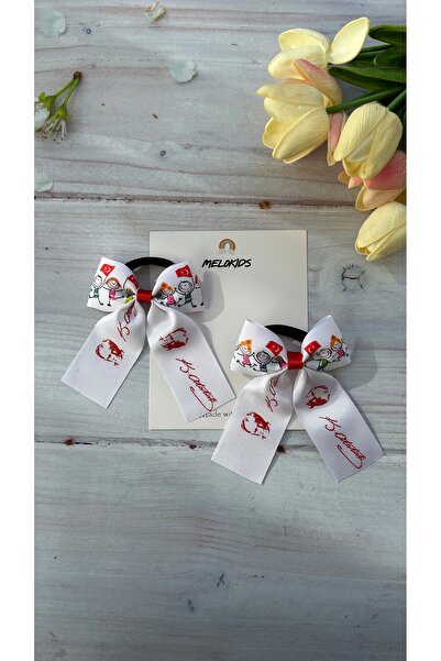 MeloKids Ataturk Patterned April 23 Ribbon Hair Clip -2 Pieces with Elastic