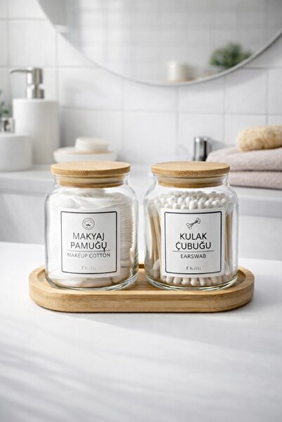 Fhilli Darlin - 2'li Bambu Kapaklı Standlı Banyo Cam Kavanoz Seti Dekoratif B...