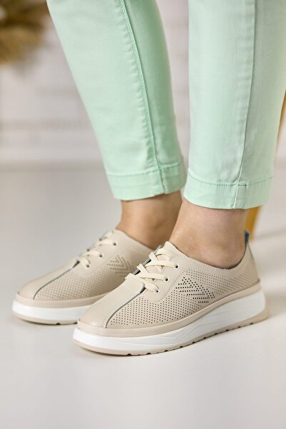 Tellus Women's Beige Genuine Leather Casual Sneakers, Trendy & Comfort, FL957-3