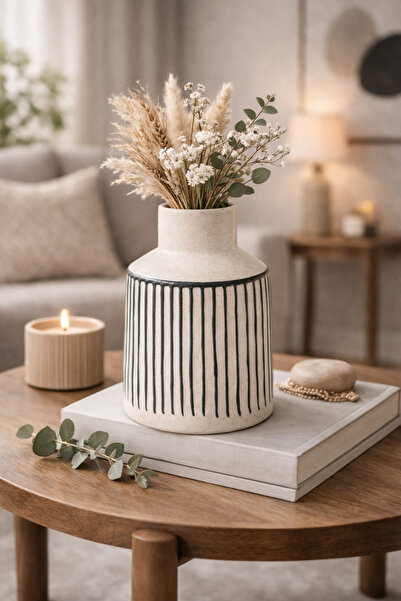 N.zone Beige ceramic vase with modern black stripes – stylish home decor