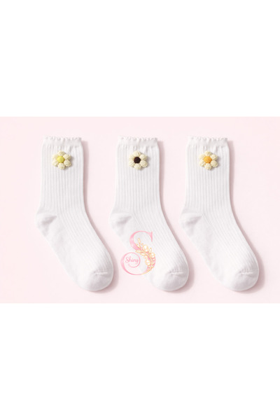The Shiny Socks Shiny 3’lü Çiçekli Pamuklu Ribana Soket Çorap – El Örgü Aplik...