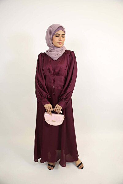 Libas lab Classy Satin Maxi Dress with Button Array - Mulberry Red