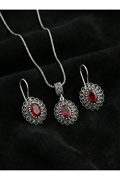 Erdobia 925 Ayar Gümüş Lal Taşlı Elişi Geleneksel Oval Telkari Kolye-Küpe 2'l...
