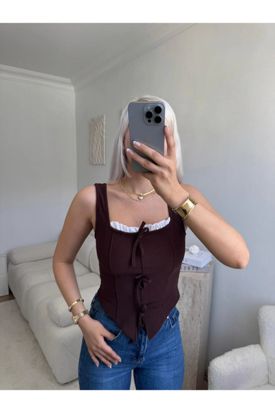 Zora Butik Fiyonklu Garnili Bluz - KAHVE