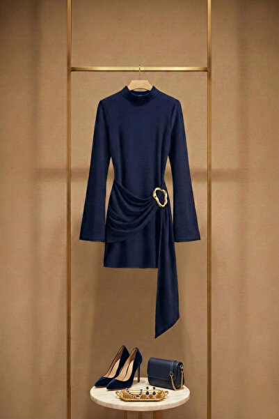 PASTELASTORE Buckle Detail Belted Mock Neck Mini Women's Dress