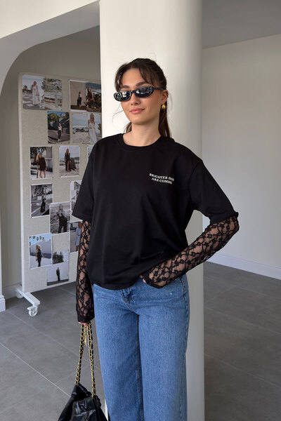 MAGARDE Rukav Čipka Detaljan Štampano T-shirt - CRNI