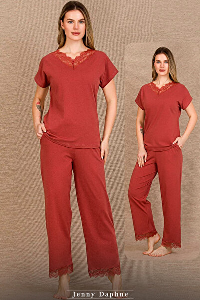 Jenny Daphne Brick Color Cotton Piece Lace Detailed Women's Pajama Set Short ...