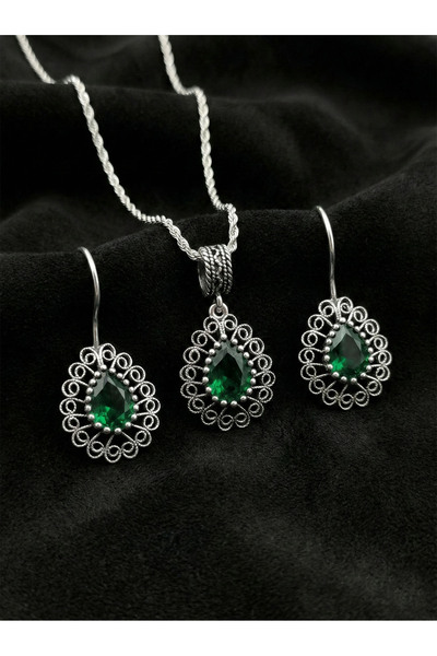 Erdobia 925 Ayar Gümüş Zümrüt Taşlı Elişi Geleneksel Damla Telkari Kolye-Küpe...