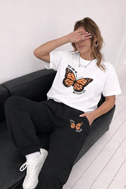 zeag Women's Orange Butterfly Printed T-Shirt and Sweatpants Set