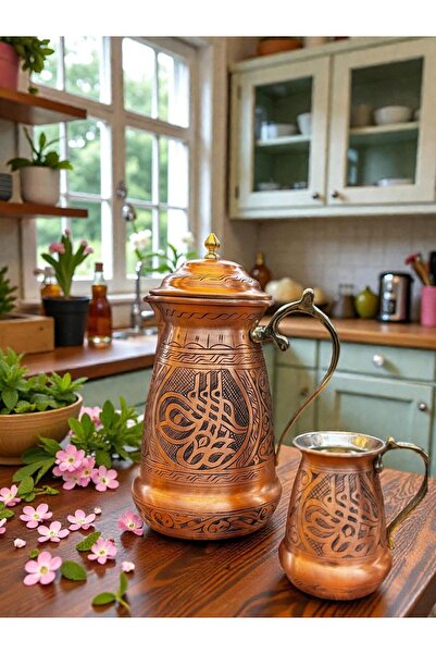 Maraş Bakırcılık - 2 Litre 1 mm Kalın Bakır Sürahi – El Yapımı Oyma Işlemeli,...