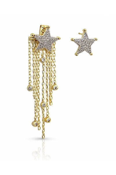 Xui Trend Marka Model Zirkon Taşlı Star Küpe/Taş Ve Zincir Detaylı Yıldız Tas...