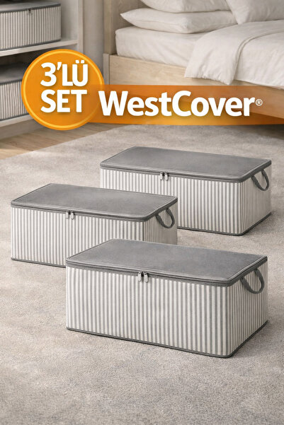 WestCover 3 Adet Antrasit Çizgili Büyük Boy Baza Altı ve Çekyat Hurç - 60x40x...