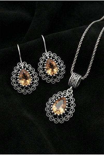 Erdobia 925 Ayar Gümüş Zultanit Taşlı Elişi Geleneksel Damla Telkari Kolye-Kü...