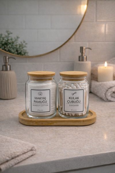 Fhilli Darlin - Σετ 2 γυάλινων βάζων μπάνιου με Μπαμπού καπάκια και βάση, Δια...