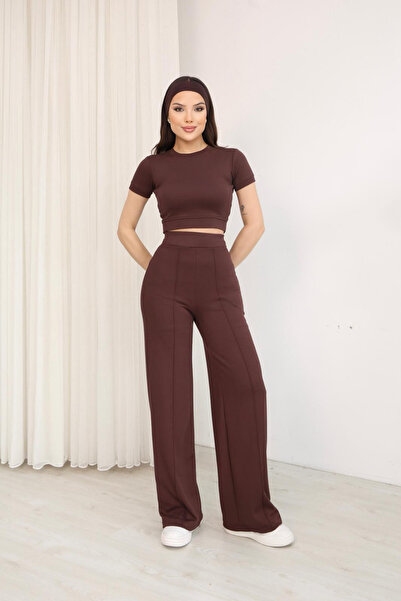 moda poni Women's Brown High Waist Trousers Wide-Leg Pants Cropped Sets