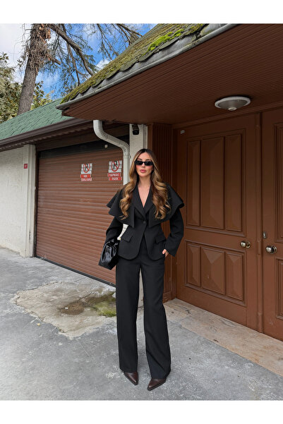 Laluvia Black Cape Detailed Jacket and Trousers Set - 202604