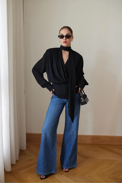 solena sln Women's Shawl Detailed Padded Shoulders V-Neck Blouse Black