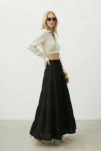 VAGGON Ελαστική Φούστα Μίντι με Ζώνη στη Μέση και Πτυχώσεις